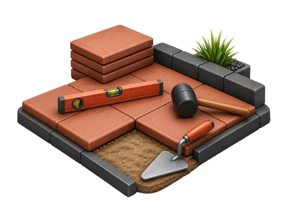 Terrassenplatten und Werkzeug für Terrassenbau